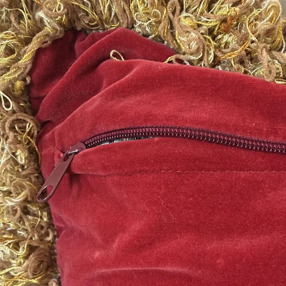 Vintage Velvet Floral Square Decorative Pillow Case Red/Gold Fringe Zipper